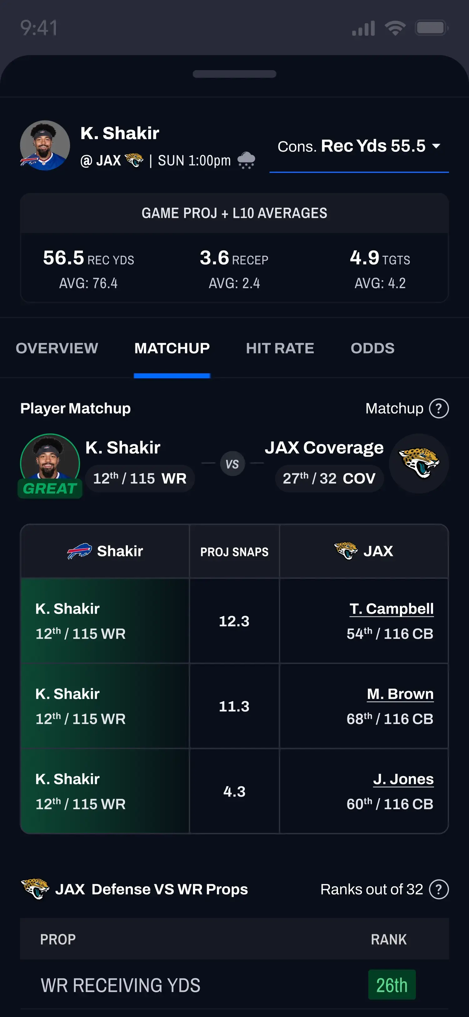 App Screenshot depicting Matchup Analysis
